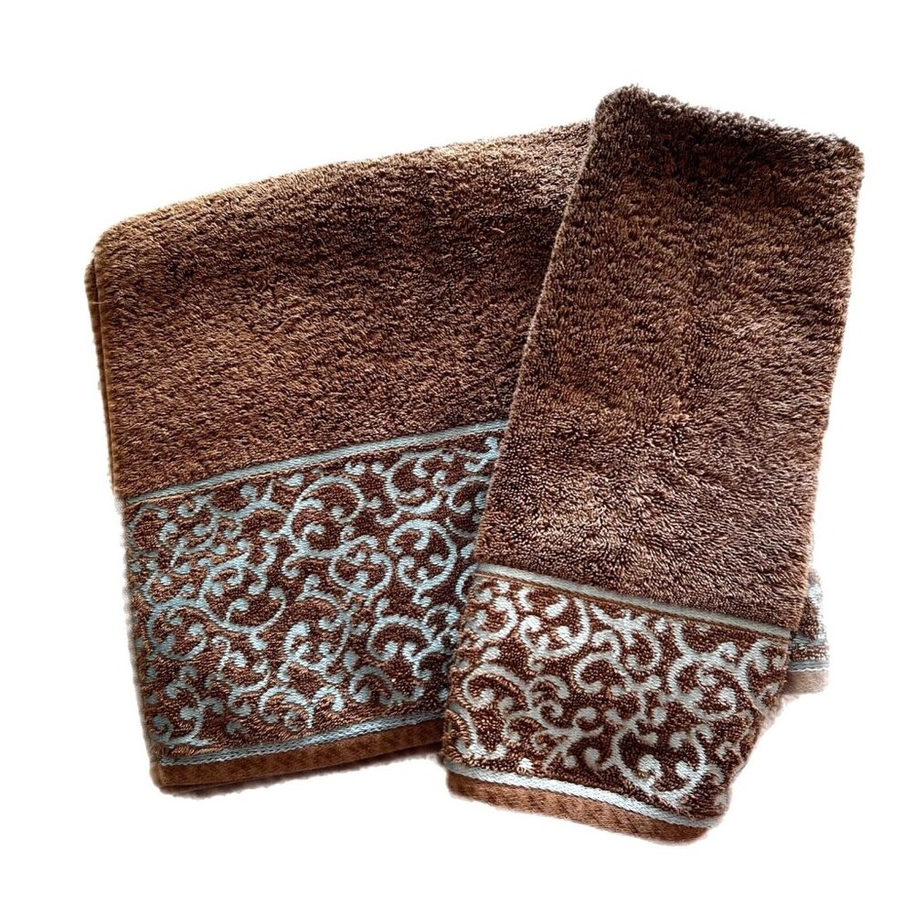 Waverly Home Bath & Hand Towels Set Cotton Embroidered Scroll Brown Blue India
